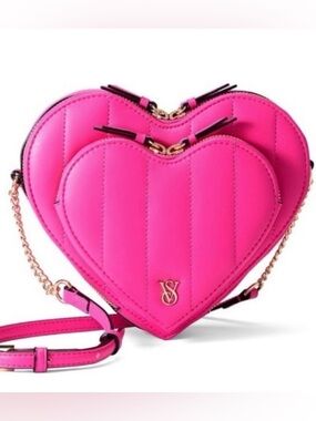 Victoria's Secret Bright Pink Double Heart-Shaped Quilted Crossbody Bag